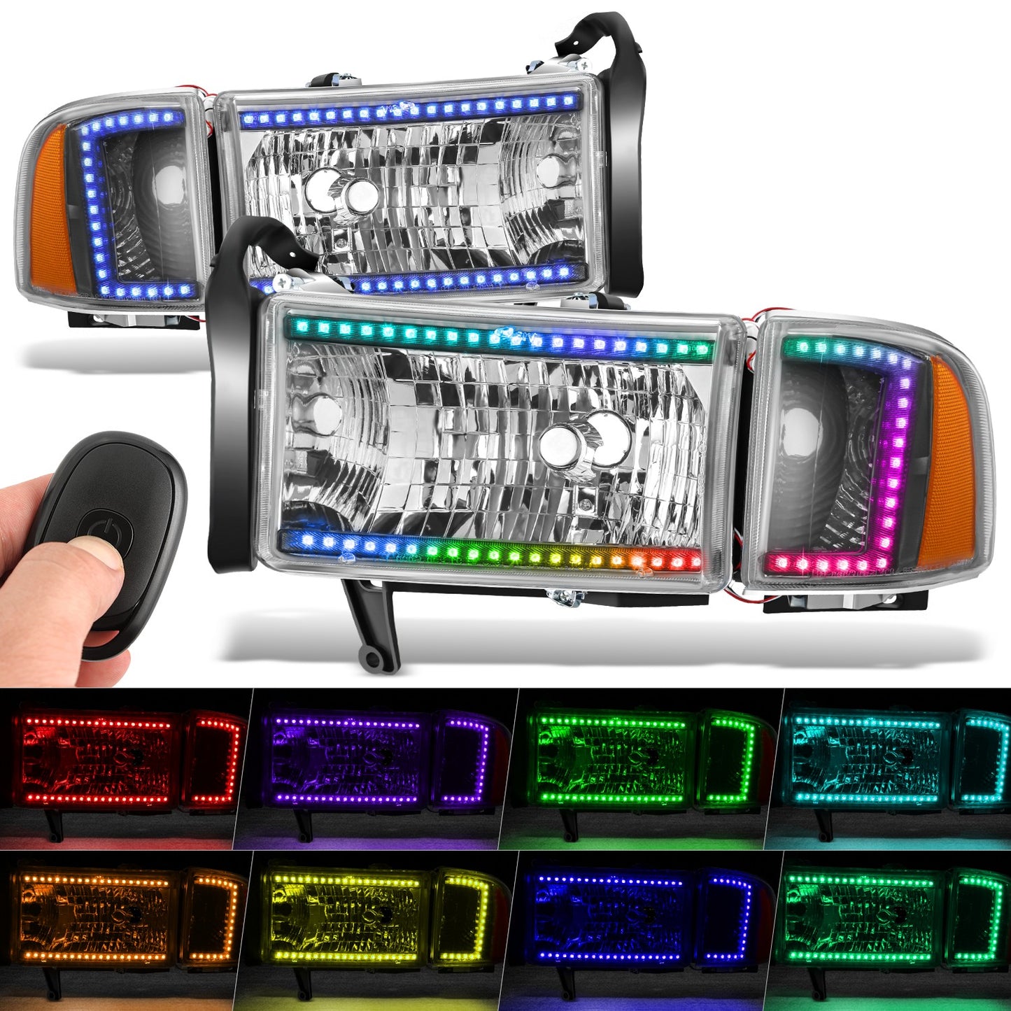 FAROS DODGE RAM 1500 1994-2001 / DODGE RAM 2500 1994-2002 / DODGE RAM 3500 1994-2002 - EXCLUDES SPORT MODELS - RGB LED LIGHT BAR - 9004 LOW BEAM / HIGH BEAM - CHROME HOUSING / AMBER CORNER