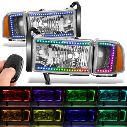 FAROS DODGE RAM 1500 1994-2001 / DODGE RAM 2500 1994-2002 / DODGE RAM 3500 1994-2002 - EXCLUDES SPORT MODELS - RGB LED LIGHT BAR - 9004 LOW BEAM / HIGH BEAM - CHROME HOUSING / AMBER CORNER