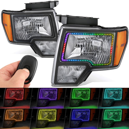 FAROS FORD F-150 2009-2014 - FX4 / HARLEY-DAVIDSON EDITION / KING RANCH / LARIAT / PLATINUM / XL / XLT MODEL - LED HALO RING RGB RUNNING LIGHT - H13 HIGH / LOW BEAM / 3157 TURN SIGNAL / 168 MARKER - BLACK HOUSING / AMBER CORNER