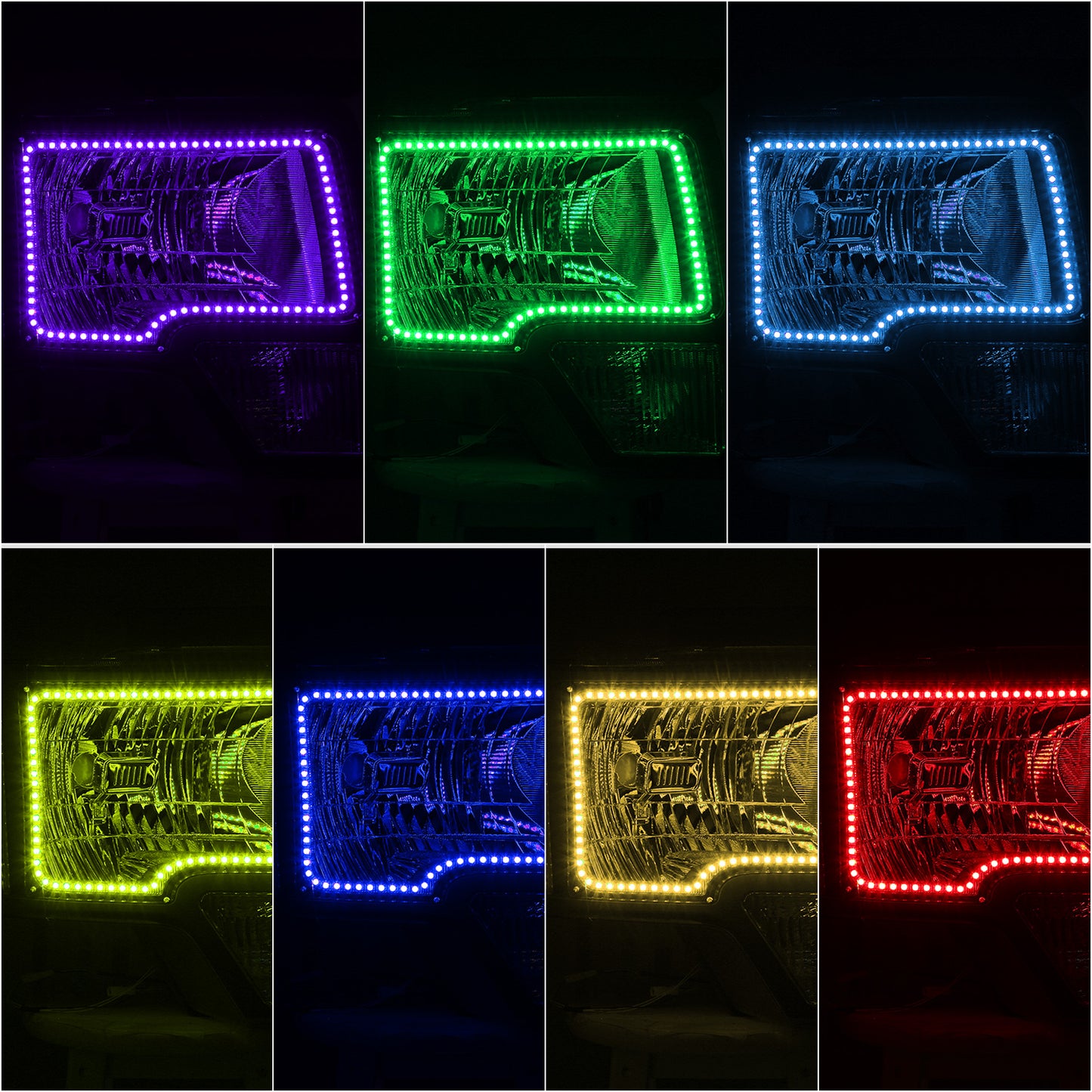 FAROS FORD F-150 2009-2014 - FX4 / HARLEY-DAVIDSON EDITION / KING RANCH / LARIAT / PLATINUM / XL / XLT MODEL - LED HALO RING RGB RUNNING LIGHT - H13 HIGH / LOW BEAM / 3157 TURN SIGNAL / 168 MARKER - CHROME HOUSING / AMBER CORNER