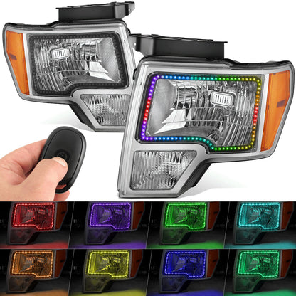 FAROS FORD F-150 2009-2014 - FX4 / HARLEY-DAVIDSON EDITION / KING RANCH / LARIAT / PLATINUM / XL / XLT MODEL - LED HALO RING RGB RUNNING LIGHT - H13 HIGH / LOW BEAM / 3157 TURN SIGNAL / 168 MARKER - CHROME HOUSING / AMBER CORNER