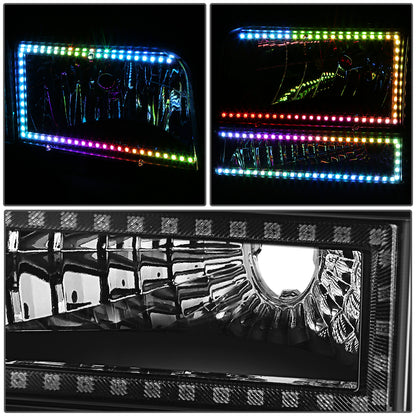 FAROS RGB LED - 92-96 FORD F-150 F-250 F-350 BRONCO - FITS MODELS WITH HALOGEN HEADLIGHTS ONLY - 9007 HIGH / LOW BEAM / 194 MARKER - BLACK HOUSING / AMBER CORNER