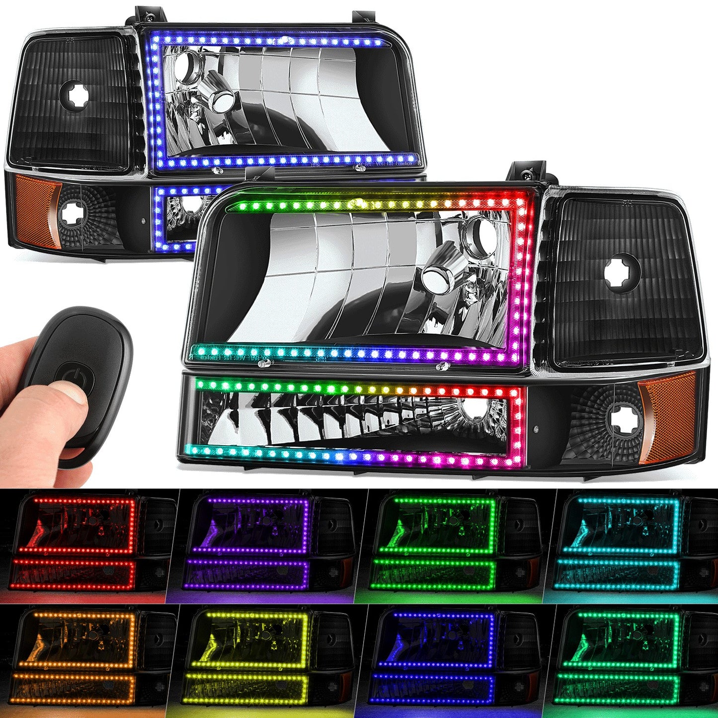 FAROS RGB LED - 92-96 FORD F-150 F-250 F-350 BRONCO - FITS MODELS WITH HALOGEN HEADLIGHTS ONLY - 9007 HIGH / LOW BEAM / 194 MARKER - BLACK HOUSING / AMBER CORNER