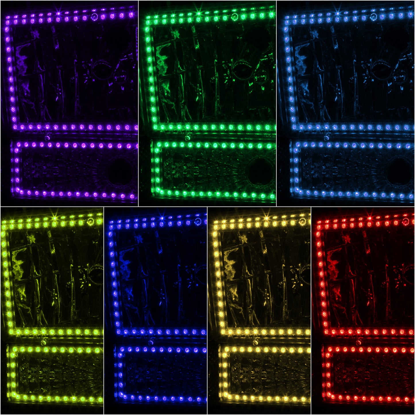 FAROS RGB LED - 92-96 FORD F-150 F-250 F-350 BRONCO - FITS MODELS WITH HALOGEN HEADLIGHTS ONLY - 9007 HIGH / LOW BEAM / 194 MARKER - CHROME HOUSING / AMBER CORNER