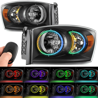 FAROS 06-08 DODGE RAM 1500 / 06-09 DODGE RAM 2500 3500 - FITS MODELS WITH HALOGEN HEADLAMPS ONLY - FOR 2009, FIT OLD BODY STYLE ONLY, DOES NOT FIT NEW BODY STYLE MODELS - LED HALO RING RGB RUNNING LIGHT - H13 HIGH / LOW BEAM / 3157 TURN SIGNAL - BLACK