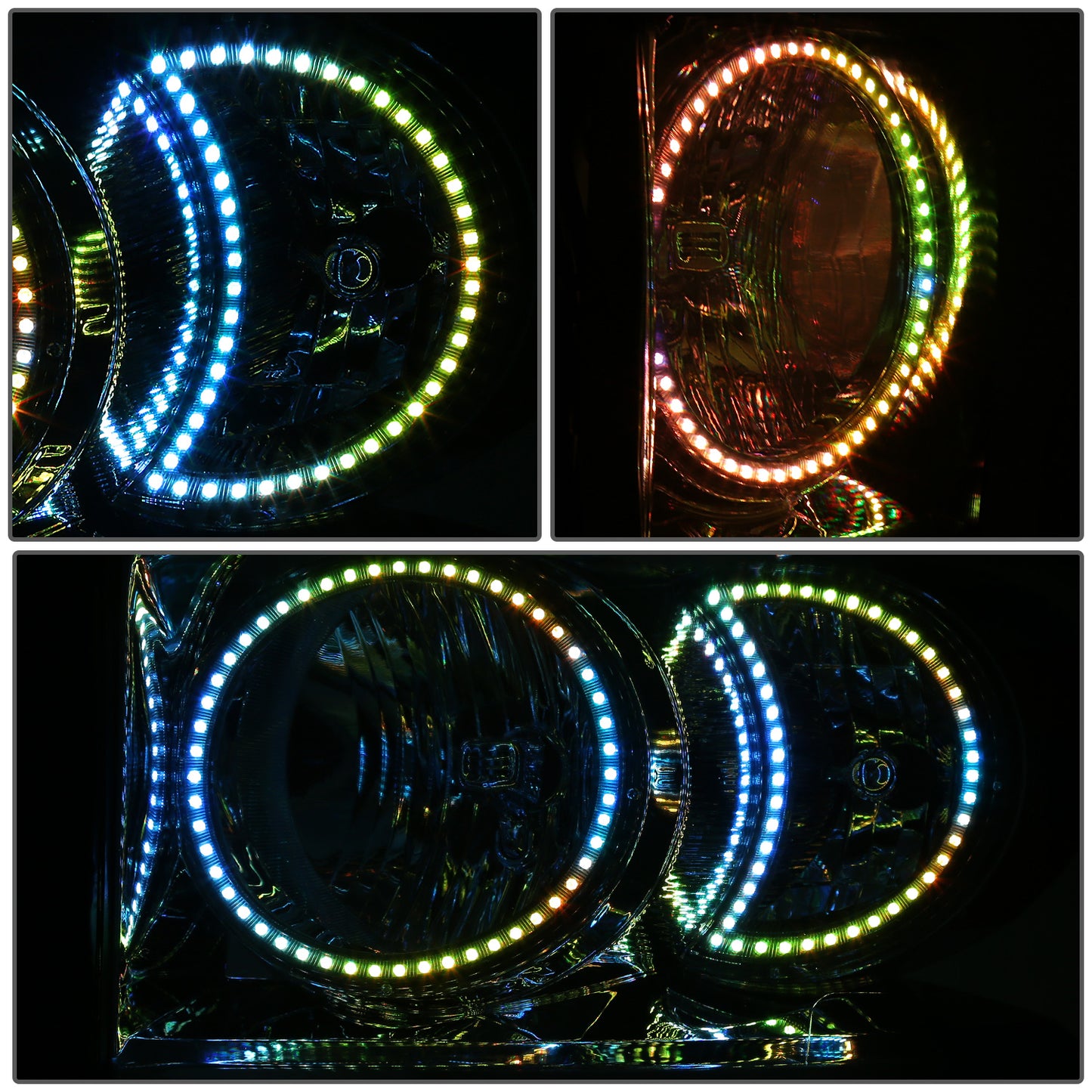 FAROS 06-08 DODGE RAM 1500 / 06-09 DODGE RAM 2500 3500 - FITS MODELS WITH HALOGEN HEADLAMPS ONLY - FOR 2009, FIT OLD BODY STYLE ONLY, DOES NOT FIT NEW BODY STYLE MODELS - LED HALO RING RGB RUNNING LIGHT - H13 HIGH / LOW BEAM / 3157 TURN SIGNAL - CHROME