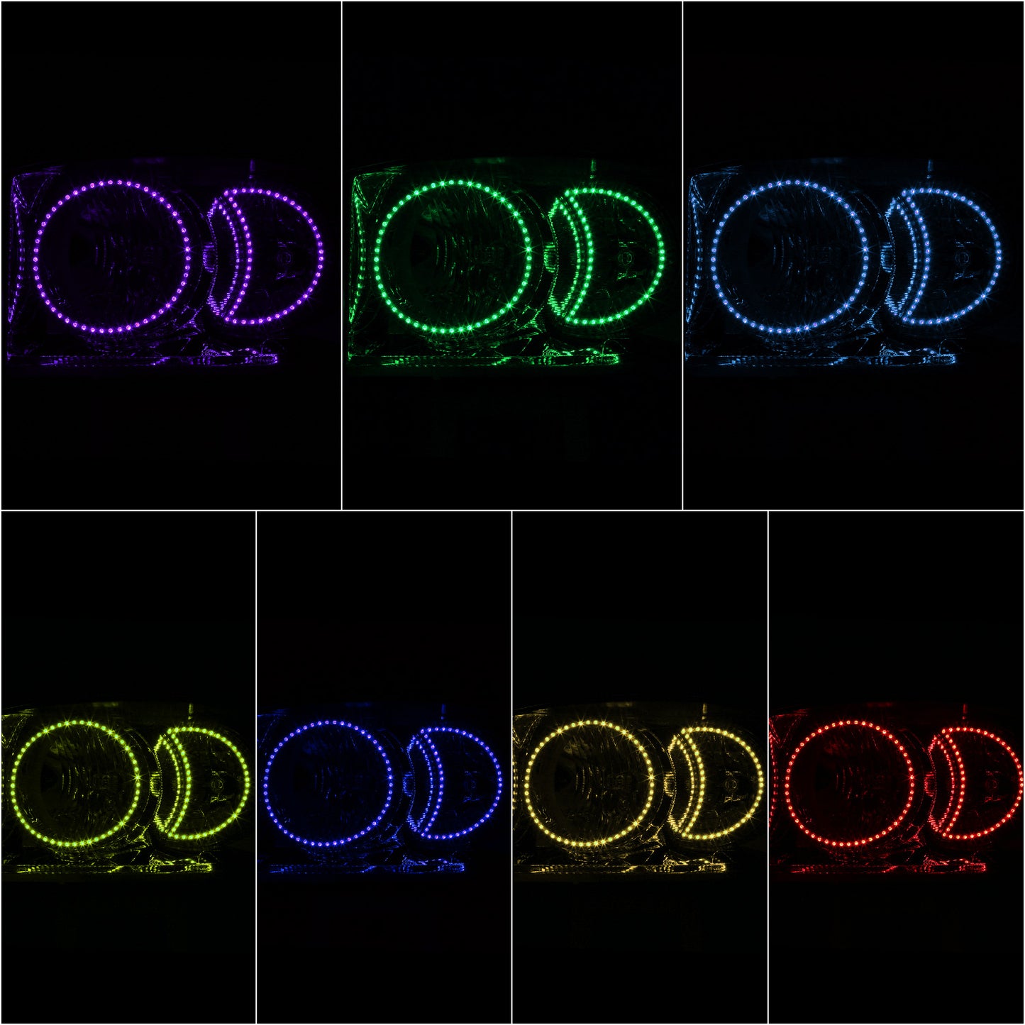 FAROS 06-08 DODGE RAM 1500 / 06-09 DODGE RAM 2500 3500 - FITS MODELS WITH HALOGEN HEADLAMPS ONLY - FOR 2009, FIT OLD BODY STYLE ONLY, DOES NOT FIT NEW BODY STYLE MODELS - LED HALO RING RGB RUNNING LIGHT - H13 HIGH / LOW BEAM / 3157 TURN SIGNAL - CHROME