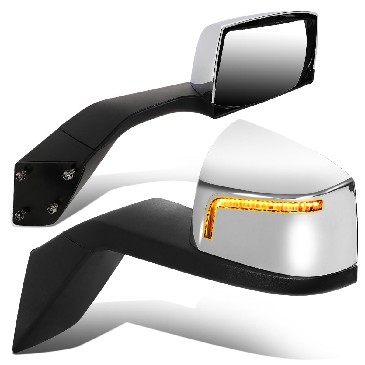 RETROVISOR HOOD MIRROR - 04-18 VOLVO VN SERIES - FITS MODELS W/ UNPOWERED / UNHEATED GLASS MIRRORS ONLY - MARKER / TURN SIGNAL LIGHTS NEED TO BE WIRED INTO EXISTING LIGHTING HARNESS - MANUAL - SEQUENTIAL LED - CHROME