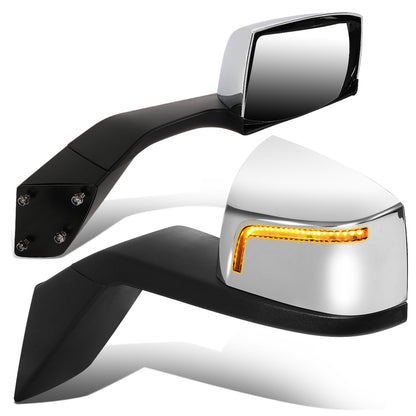 RETROVISOR HOOD MIRROR - 04-18 VOLVO VN SERIES - FITS MODELS W/ UNPOWERED / UNHEATED GLASS MIRRORS ONLY - MARKER / TURN SIGNAL LIGHTS NEED TO BE WIRED INTO EXISTING LIGHTING HARNESS - MANUAL - SEQUENTIAL LED - CHROME