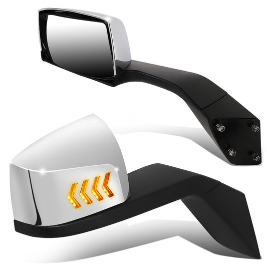RETROVISOR HOOD MIRROR - 04-18 VOLVO VN SERIES - FITS MODELS WITH UNPOWERED / UNHEATED GLASS MIRRORS ONLY - MARKER / TURN SIGNAL LIGHTS NEED TO BE WIRED INTO EXISTING LIGHTING HARNESS - MANUAL - ARROW SEQUENTIAL LED - CHROME