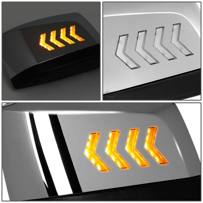 RETROVISOR HOOD MIRROR - 04-18 VOLVO VN SERIES - FITS MODELS WITH UNPOWERED / UNHEATED GLASS MIRRORS ONLY - MARKER / TURN SIGNAL LIGHTS NEED TO BE WIRED INTO EXISTING LIGHTING HARNESS - MANUAL - ARROW SEQUENTIAL LED - CHROME