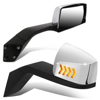 RETROVISOR HOOD MIRROR - 04-18 VOLVO VN SERIES - FITS MODELS WITH UNPOWERED / UNHEATED GLASS MIRRORS ONLY - MARKER / TURN SIGNAL LIGHTS NEED TO BE WIRED INTO EXISTING LIGHTING HARNESS - MANUAL - ARROW SEQUENTIAL LED - CHROME