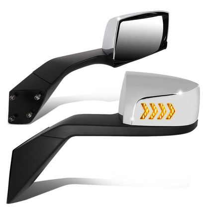 RETROVISOR HOOD MIRROR - 04-18 VOLVO VN SERIES - FITS MODELS WITH UNPOWERED / UNHEATED GLASS MIRRORS ONLY - MARKER / TURN SIGNAL LIGHTS NEED TO BE WIRED INTO EXISTING LIGHTING HARNESS - MANUAL - ARROW SEQUENTIAL LED - CHROME
