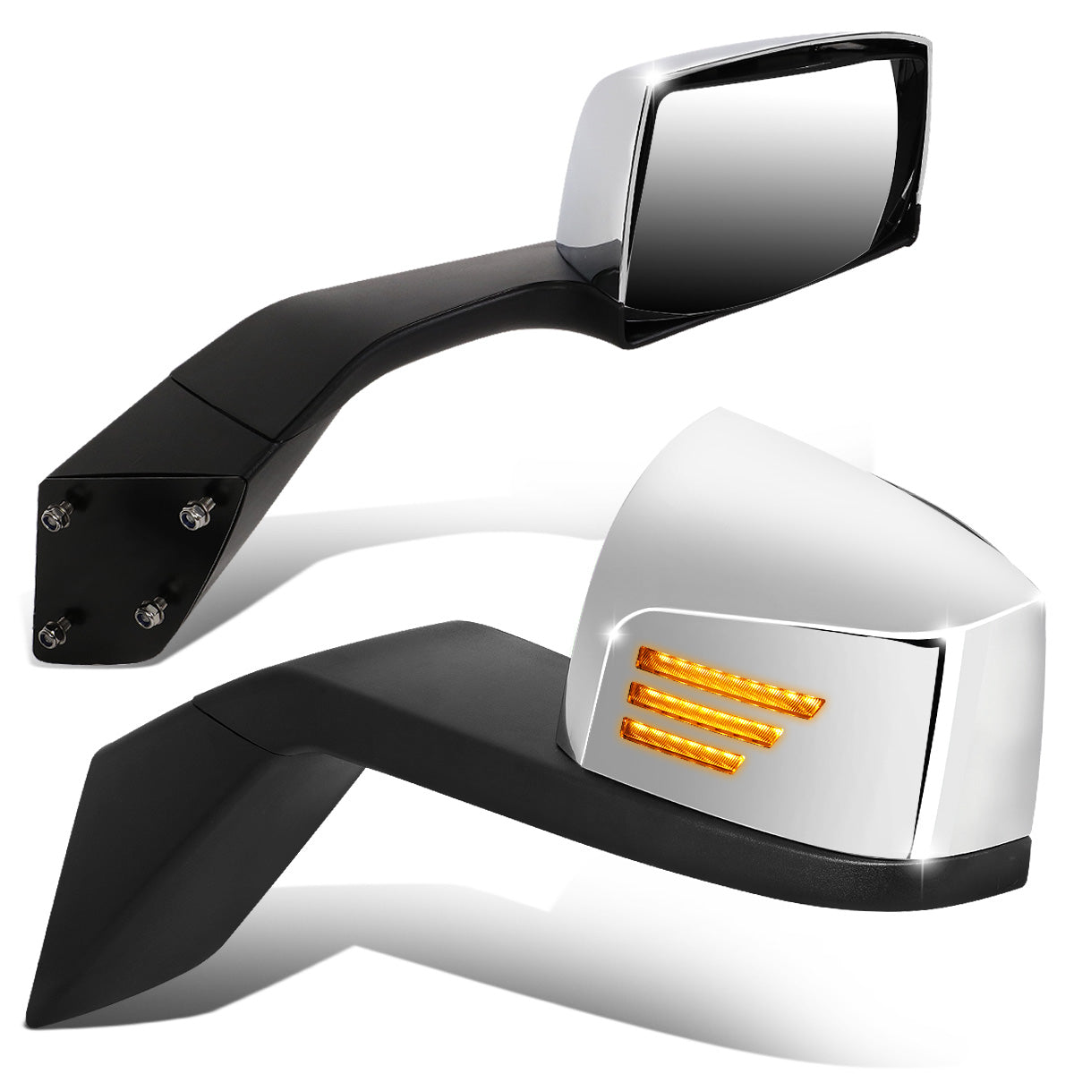 RETROVISOR HOOD MIRROR - 04-18 VOLVO VN SERIES - FITS MODELS W/ UNPOWERED / UNHEATED GLASS MIRRORS ONLY - MARKER / TURN SIGNAL LIGHTS NEED TO BE WIRED INTO EXISTING LIGHTING HARNESS - MANUAL - SEQUENTIAL LED - CHROME