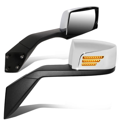 RETROVISOR HOOD MIRROR - 04-18 VOLVO VN SERIES - FITS MODELS W/ UNPOWERED / UNHEATED GLASS MIRRORS ONLY - MARKER / TURN SIGNAL LIGHTS NEED TO BE WIRED INTO EXISTING LIGHTING HARNESS - MANUAL - SEQUENTIAL LED - CHROME