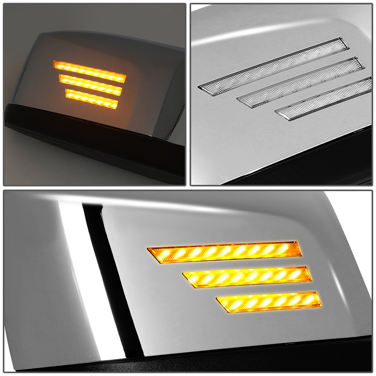 RETROVISOR HOOD MIRROR - 04-18 VOLVO VN SERIES - FITS MODELS W/ UNPOWERED / UNHEATED GLASS MIRRORS ONLY - MARKER / TURN SIGNAL LIGHTS NEED TO BE WIRED INTO EXISTING LIGHTING HARNESS - MANUAL - SEQUENTIAL LED - CHROME