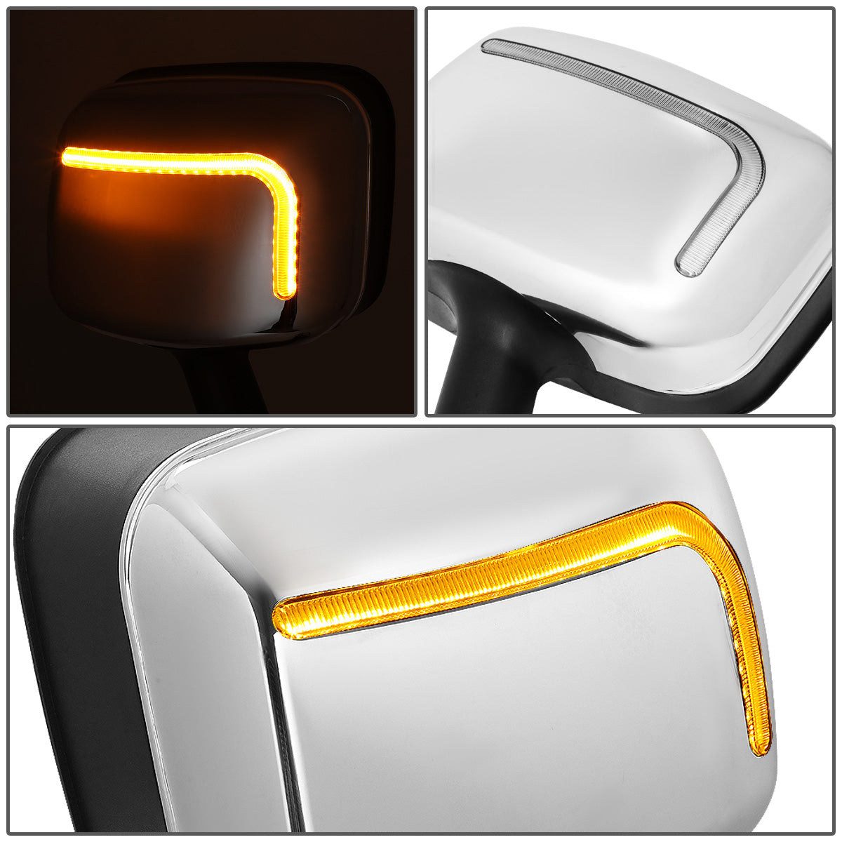 RETROVISOR HOOD MIRROR - 08-17 FREIGHTLINER CASCADIA - MARKER/ TURN SIGNAL LIGHTS NEED TO BE WIRED INTO EXISTING LIGHTING HARNESS - MANUAL - L-STYLE SEQUENTIAL LED - CHROME