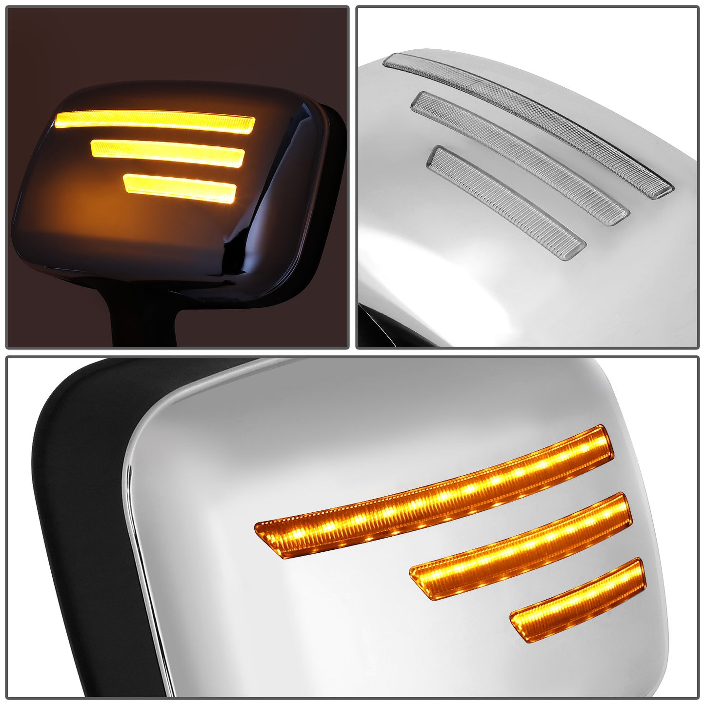 RETROVISOR HOOD MIRROR - 08-17 FREIGHTLINER CASCADIA - MARKER/ TURN SIGNAL LIGHTS NEED TO BE WIRED INTO EXISTING LIGHTING HARNESS - MANUAL - AMBER CHASING LED SIGNAL BAR PATTERN - CHROME