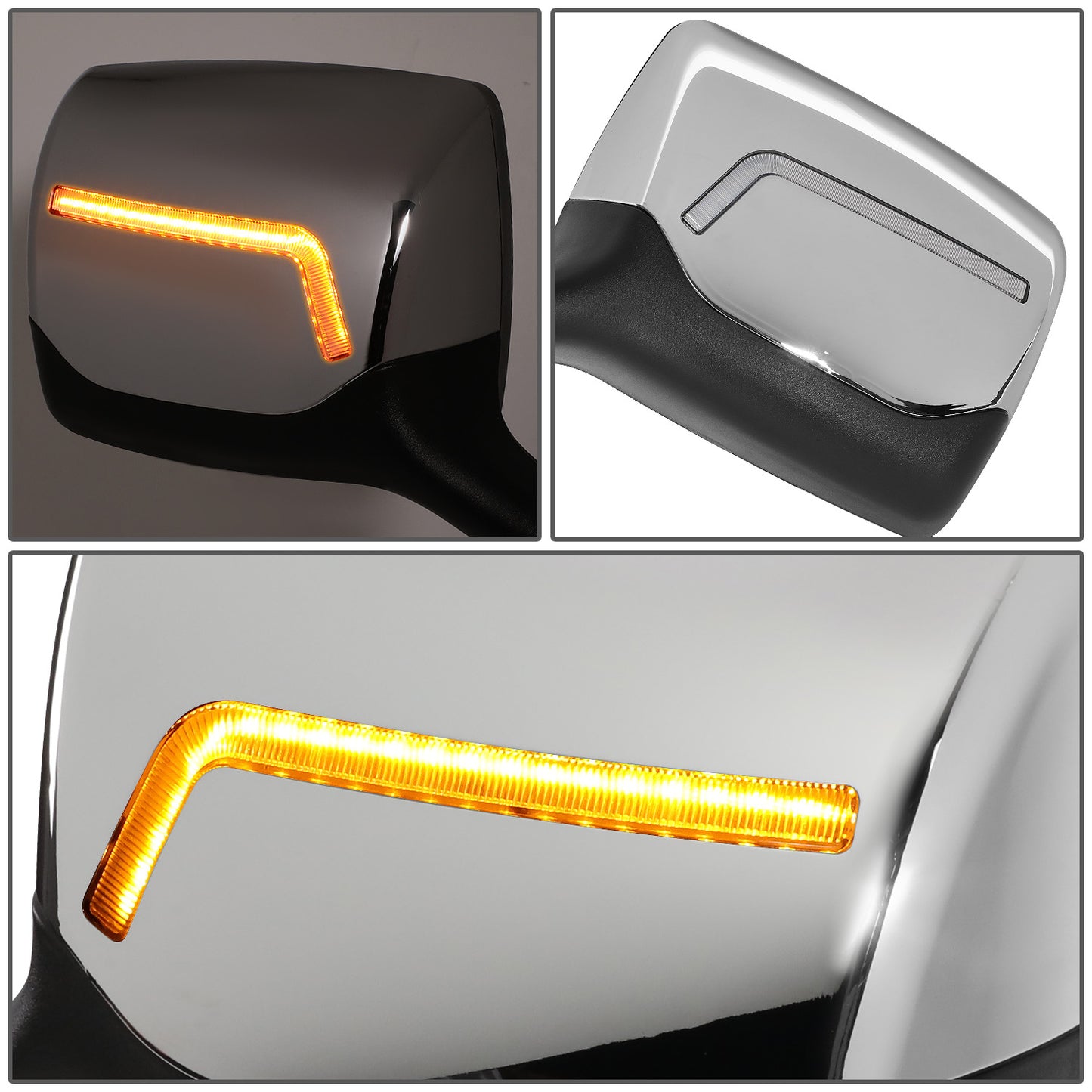 RETROVISOR HOOD MIRROR - 11-21 KENWORTH T680 / 13-21 PETERBILT 579 / 11-18 PETERBILT 587 - MARKER/ TURN SIGNAL LIGHTS NEED TO BE WIRED INTO EXISTING LIGHTING HARNESS - MANUAL - AMBER CHASING LED L-PATTERN - CHROME