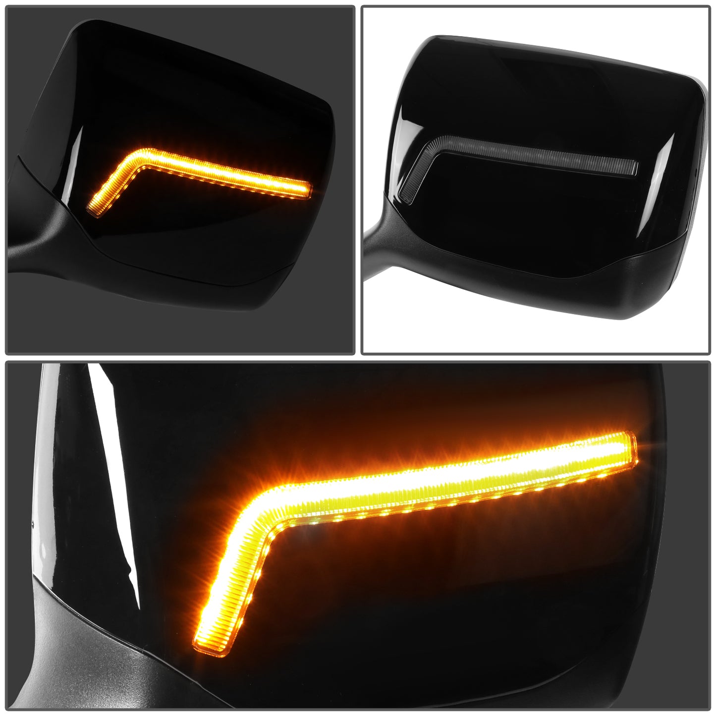 RETROVISOR HOOD MIRROR - 11-21 KENWORTH T680 / 13-21 PETERBILT 579 / 11-18 PETERBILT 587 - MARKER/ TURN SIGNAL LIGHTS NEED TO BE WIRED INTO EXISTING LIGHTING HARNESS - MANUAL - AMBER CHASING LED L-PATTERN - BLACK