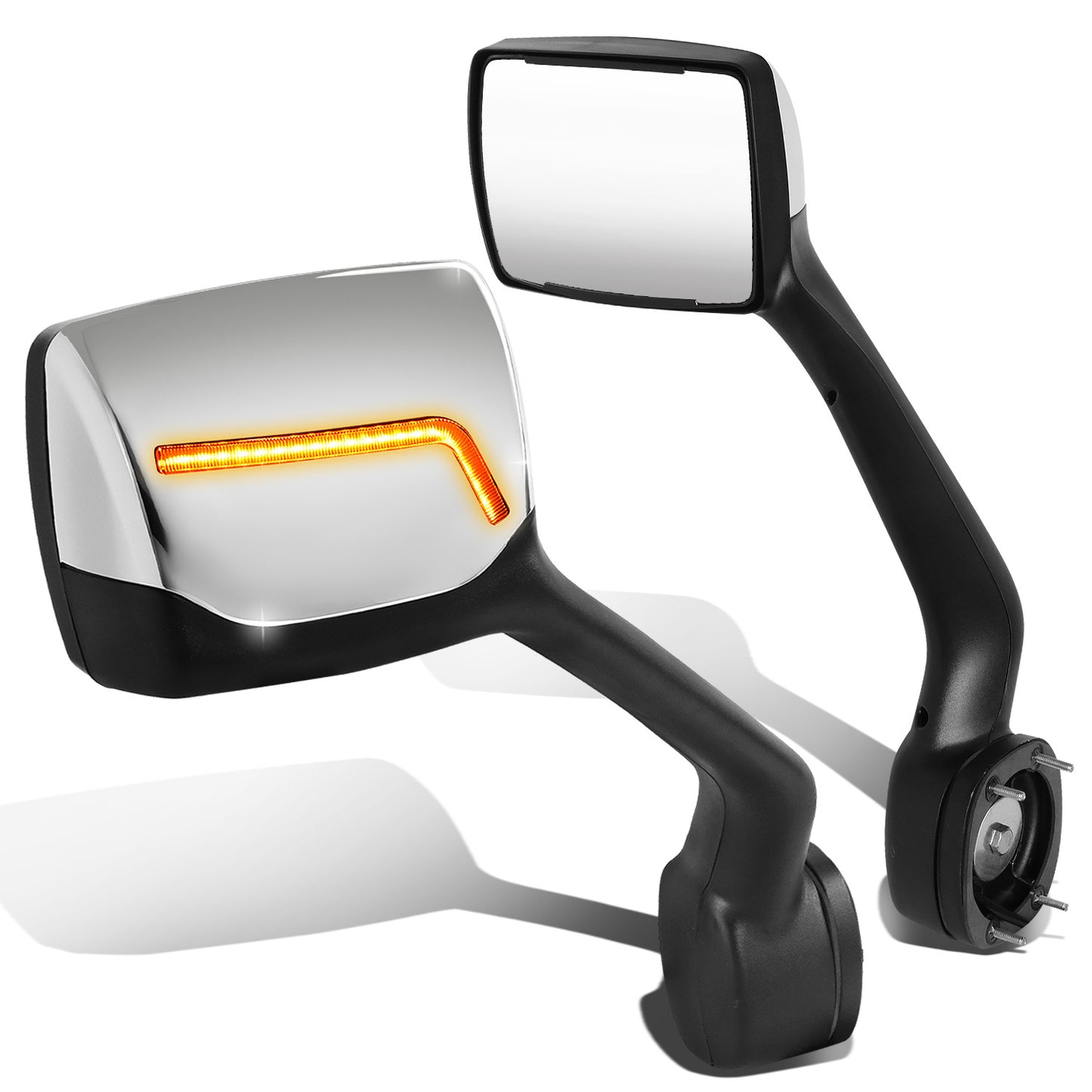 RETROVISOR HOOD MIRROR - 11-21 KENWORTH T680 / 13-21 PETERBILT 579 / 11-18 PETERBILT 587 - MARKER/ TURN SIGNAL LIGHTS NEED TO BE WIRED INTO EXISTING LIGHTING HARNESS - MANUAL - AMBER CHASING LED L-PATTERN - CHROME