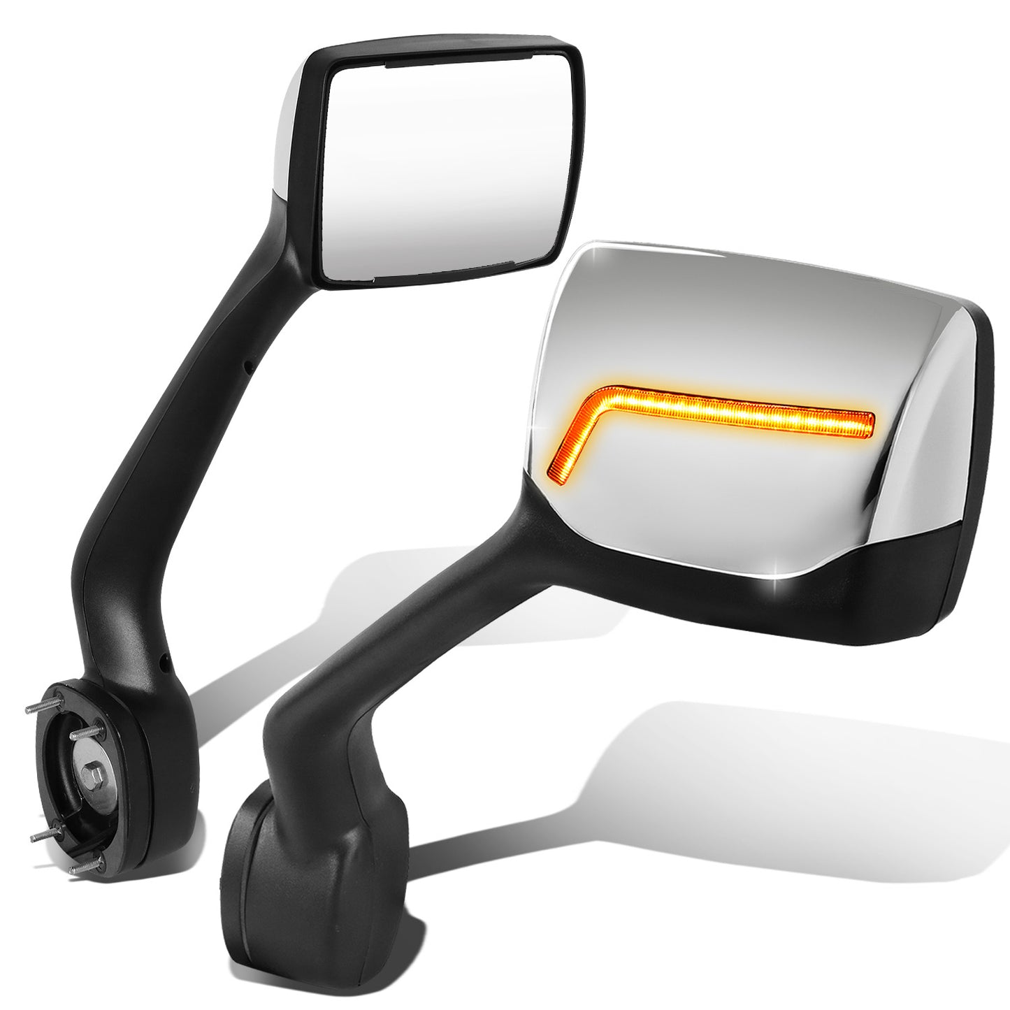 RETROVISOR HOOD MIRROR - 11-21 KENWORTH T680 / 13-21 PETERBILT 579 / 11-18 PETERBILT 587 - MARKER/ TURN SIGNAL LIGHTS NEED TO BE WIRED INTO EXISTING LIGHTING HARNESS - MANUAL - AMBER CHASING LED L-PATTERN - CHROME