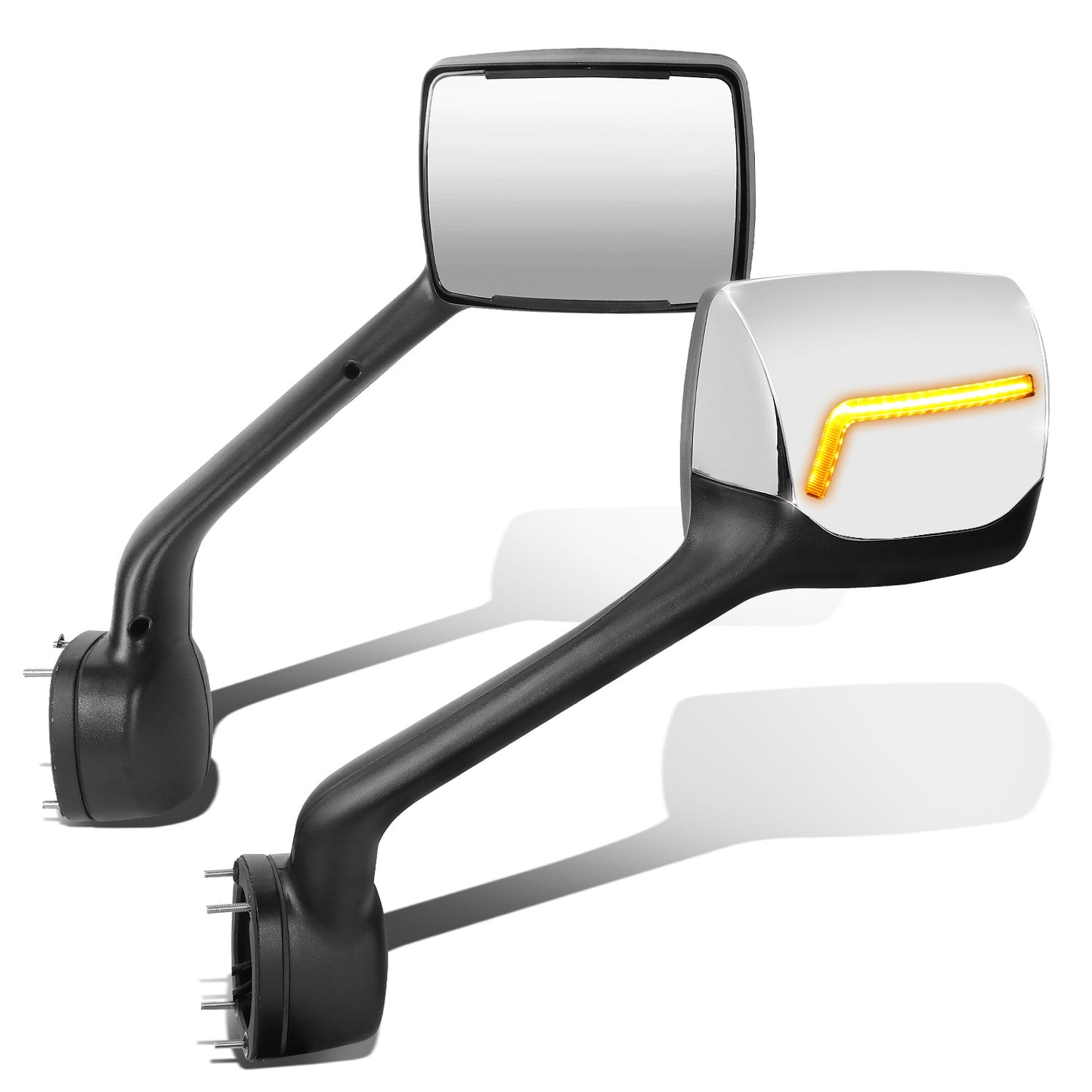 RETROVISOR HOOD MIRROR - 11-21 KENWORTH T680 / 13-21 PETERBILT 579 / 11-18 PETERBILT 587 - MARKER/ TURN SIGNAL LIGHTS NEED TO BE WIRED INTO EXISTING LIGHTING HARNESS - MANUAL - AMBER CHASING LED L-PATTERN - CHROME