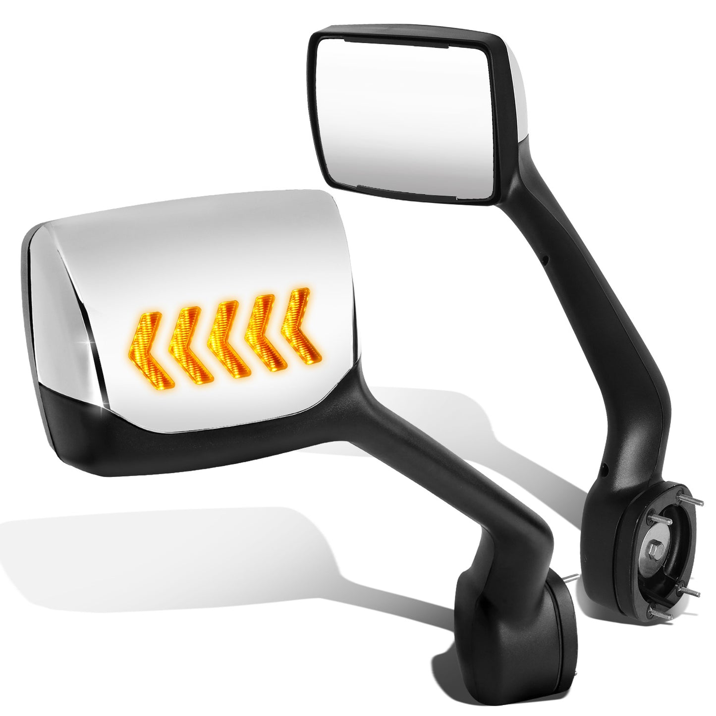 RETROVISOR HOOD MIRROR - 11-21 KENWORTH T680 / 13-21 PETERBILT 579 / 11-18 PETERBILT 587 - MARKER/ TURN SIGNAL LIGHTS NEED TO BE WIRED INTO EXISTING LIGHTING HARNESS - MANUAL - AMBER CHASING LED ARROW-CHEVRON - CHROME