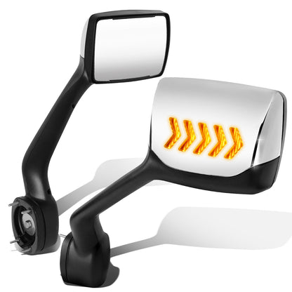 RETROVISOR HOOD MIRROR - 11-21 KENWORTH T680 / 13-21 PETERBILT 579 / 11-18 PETERBILT 587 - MARKER/ TURN SIGNAL LIGHTS NEED TO BE WIRED INTO EXISTING LIGHTING HARNESS - MANUAL - AMBER CHASING LED ARROW-CHEVRON - CHROME