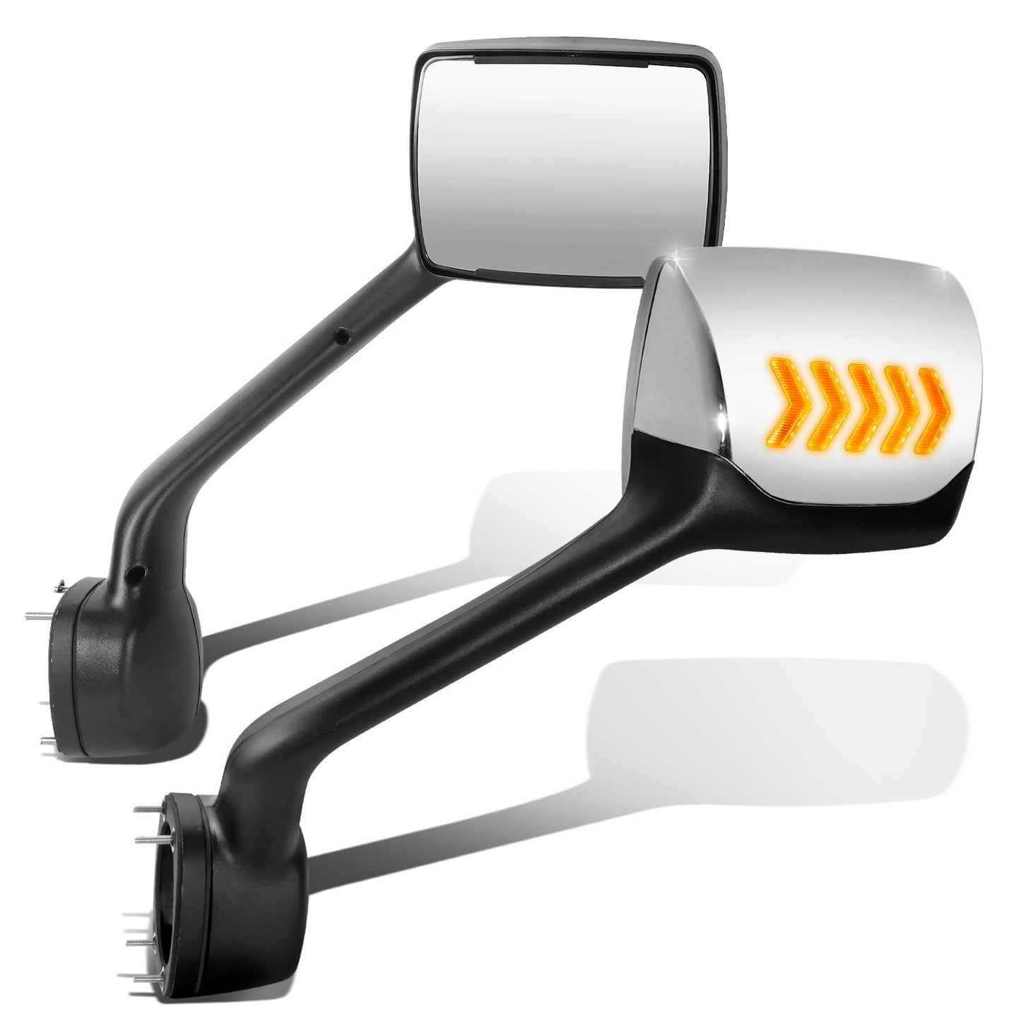 RETROVISOR HOOD MIRROR - 11-21 KENWORTH T680 / 13-21 PETERBILT 579 / 11-18 PETERBILT 587 - MARKER/ TURN SIGNAL LIGHTS NEED TO BE WIRED INTO EXISTING LIGHTING HARNESS - MANUAL - AMBER CHASING LED ARROW-CHEVRON - CHROME