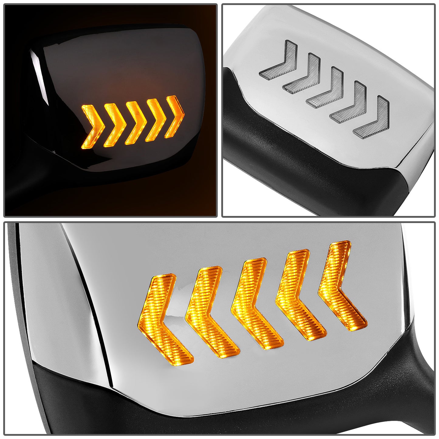 RETROVISOR HOOD MIRROR - 11-21 KENWORTH T680 / 13-21 PETERBILT 579 / 11-18 PETERBILT 587 - MARKER/ TURN SIGNAL LIGHTS NEED TO BE WIRED INTO EXISTING LIGHTING HARNESS - MANUAL - AMBER CHASING LED ARROW-CHEVRON - CHROME