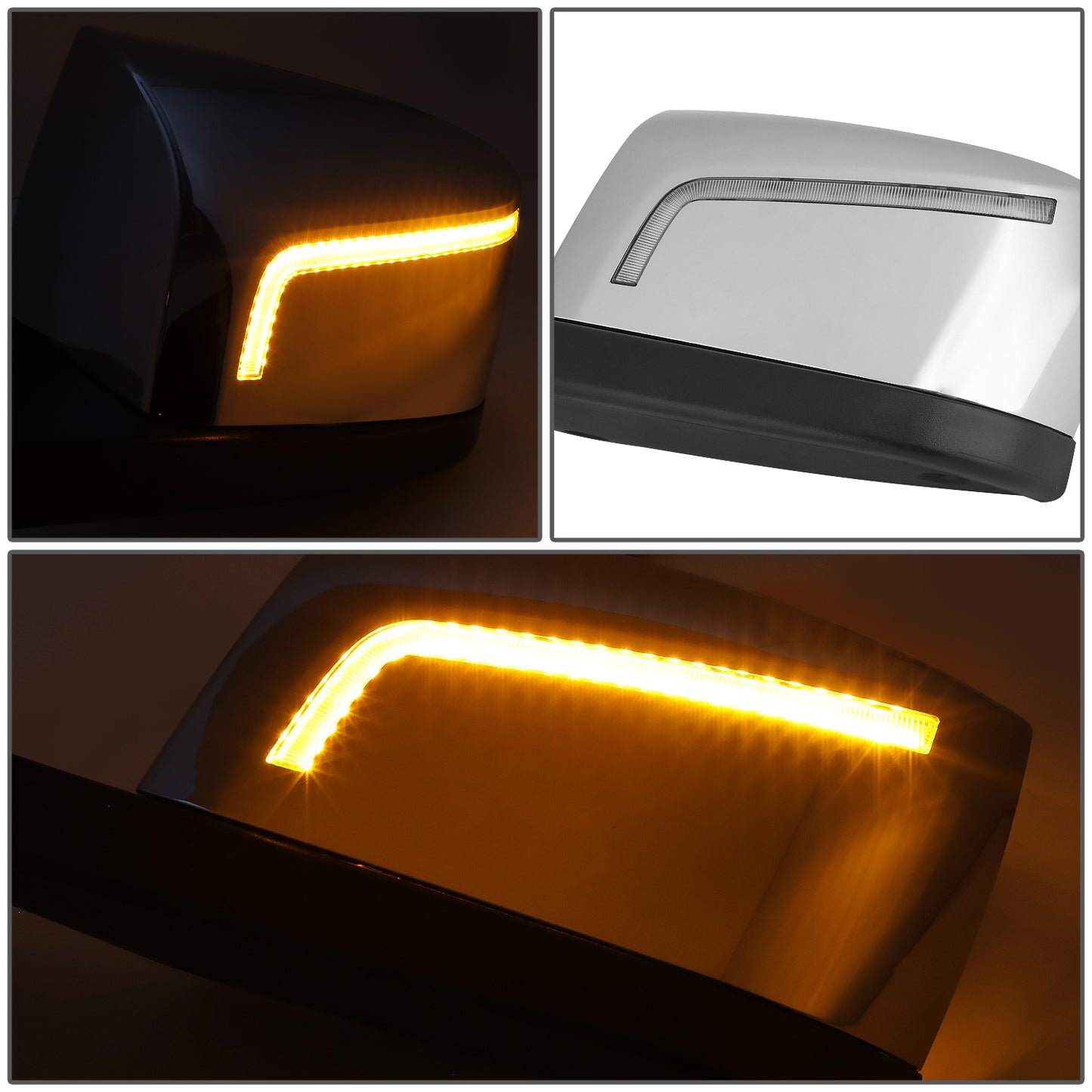 RETROVISOR HOOD MIRROR - 18-21 VOLVO VNL, VNL 300, VNL 400, VNL 740, VNL 760, VNL 860 - MARKER & TURN SIGNAL LIGHTS NEED TO BE WIRED INTO EXISTING LIGHTING HARNESS - MANUAL - AMBER CHASING LED L-PATTERN - CHROME