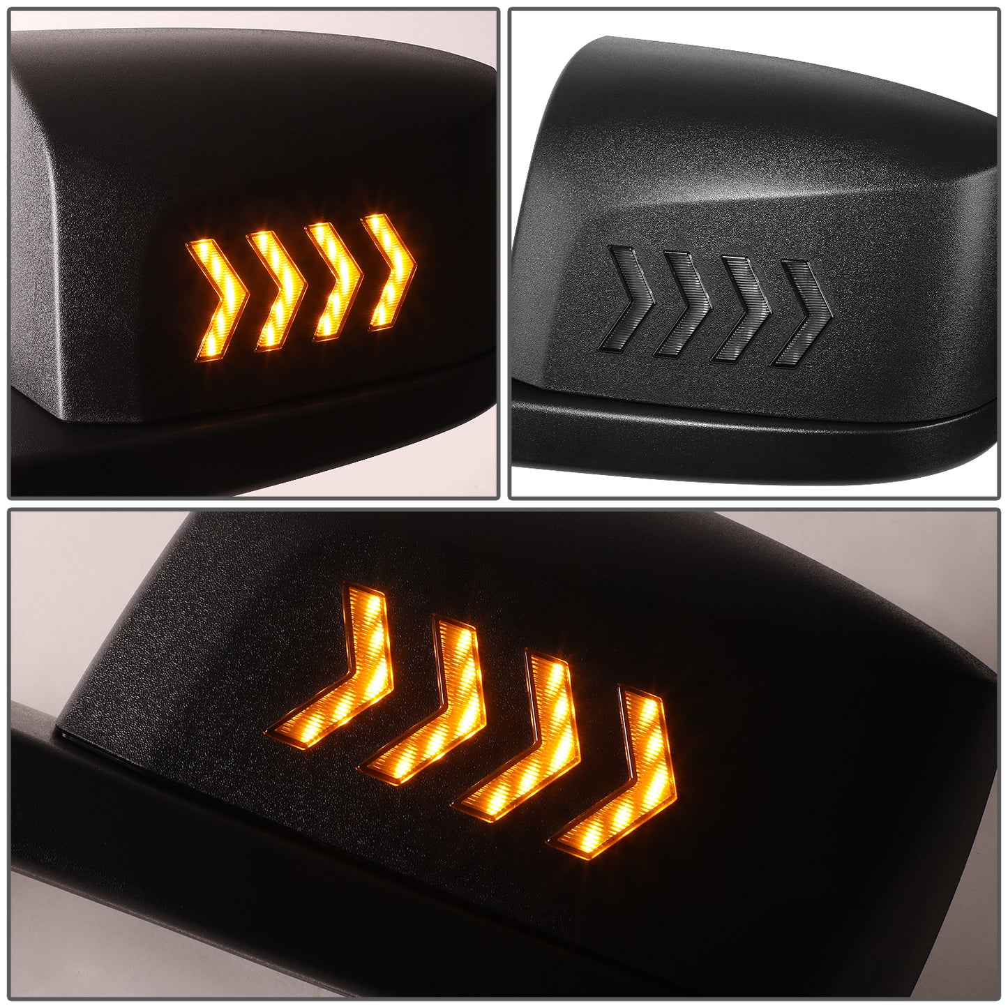 RETROVISOR HOOD MIRROR - 18-21 VOLVO VNL, VNL 300, VNL 400, VNL 740, VNL 760, VNL 860 - MARKER & TURN SIGNAL LIGHTS NEED TO BE WIRED INTO EXISTING LIGHTING HARNESS - MANUAL - AMBER CHASING LED ARROW-CHEVRON - BLACK