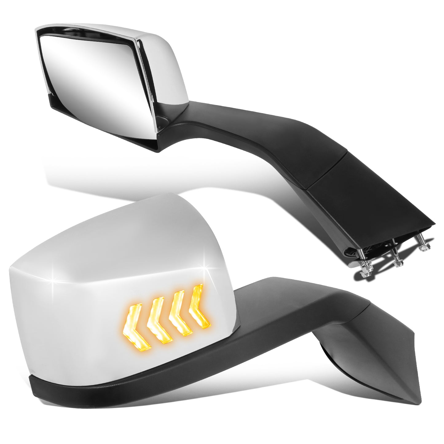 RETROVISOR HOOD MIRROR - 18-21 VOLVO VNL, VNL 300, VNL 400, VNL 740, VNL 760, VNL 860 - MARKER & TURN SIGNAL LIGHTS NEED TO BE WIRED INTO EXISTING LIGHTING HARNESS - MANUAL - AMBER CHASING LED ARROW-CHEVRON - CHROME