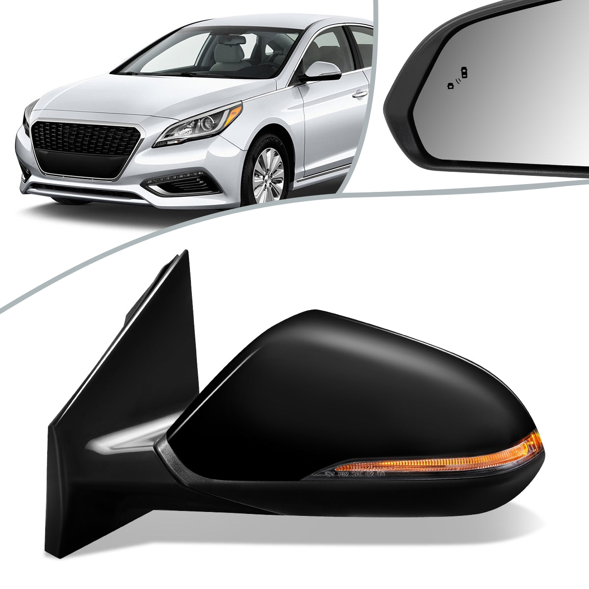 RETROVISOR MIRROR - OEM - 15-17 HYUNDAI SONATA - POWERED - HEATED - W/ SIGNAL LIGHT - W/ BSD - FOLDING - TEXTURED - BLACK MATERIAL - LEFT