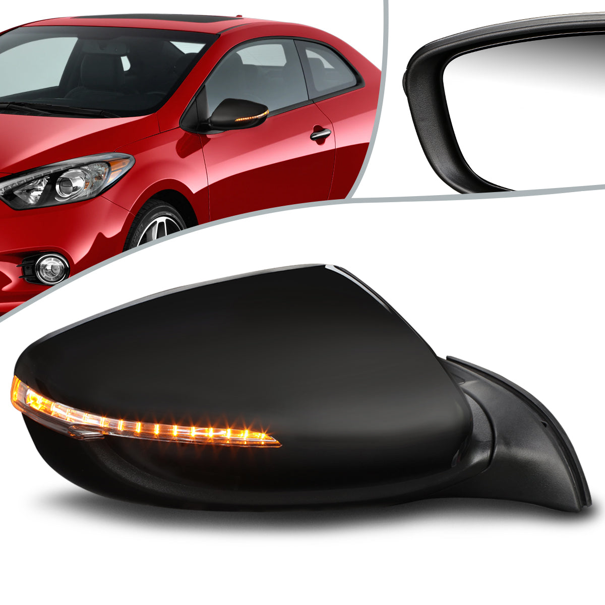 RETROVISOR MIRROR - OEM - 14-16 KIA FORTE, FORTE KOUP - POWERED - HEATED - FOLDING - BLACK MATERIAL - RIGHT