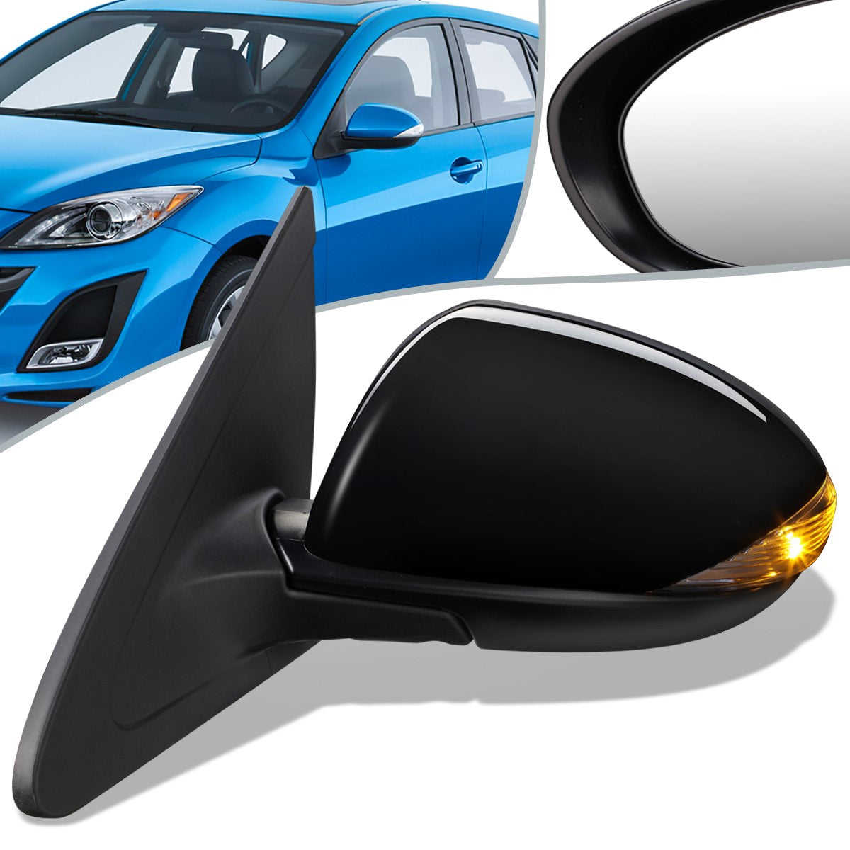 RETROVISOR MIRROR - OEM - 10-13 MAZDA 3 - POWERED - HEATED - W/ SIGNAL LIGHT - FOLDING - BLACK MATERIAL - LEFT