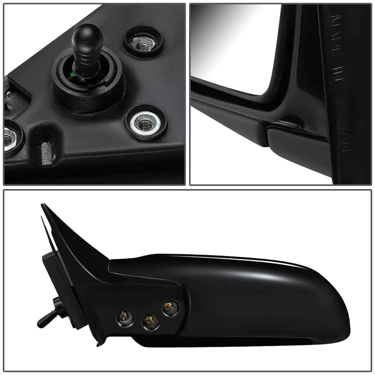 RETROVISOR MIRROR - OEM - 93-96 MITSUBISHI LANCER, MIRAGE - MANUAL - W/ CABLE - FOLDING - BLACK MATERIAL - LEFT