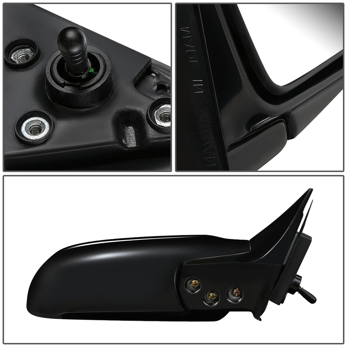 RETROVISOR MIRROR - OEM - 93-96 MITSUBISHI LANCER, MIRAGE - MANUAL - W/ CABLE - FOLDING - BLACK MATERIAL - RIGHT