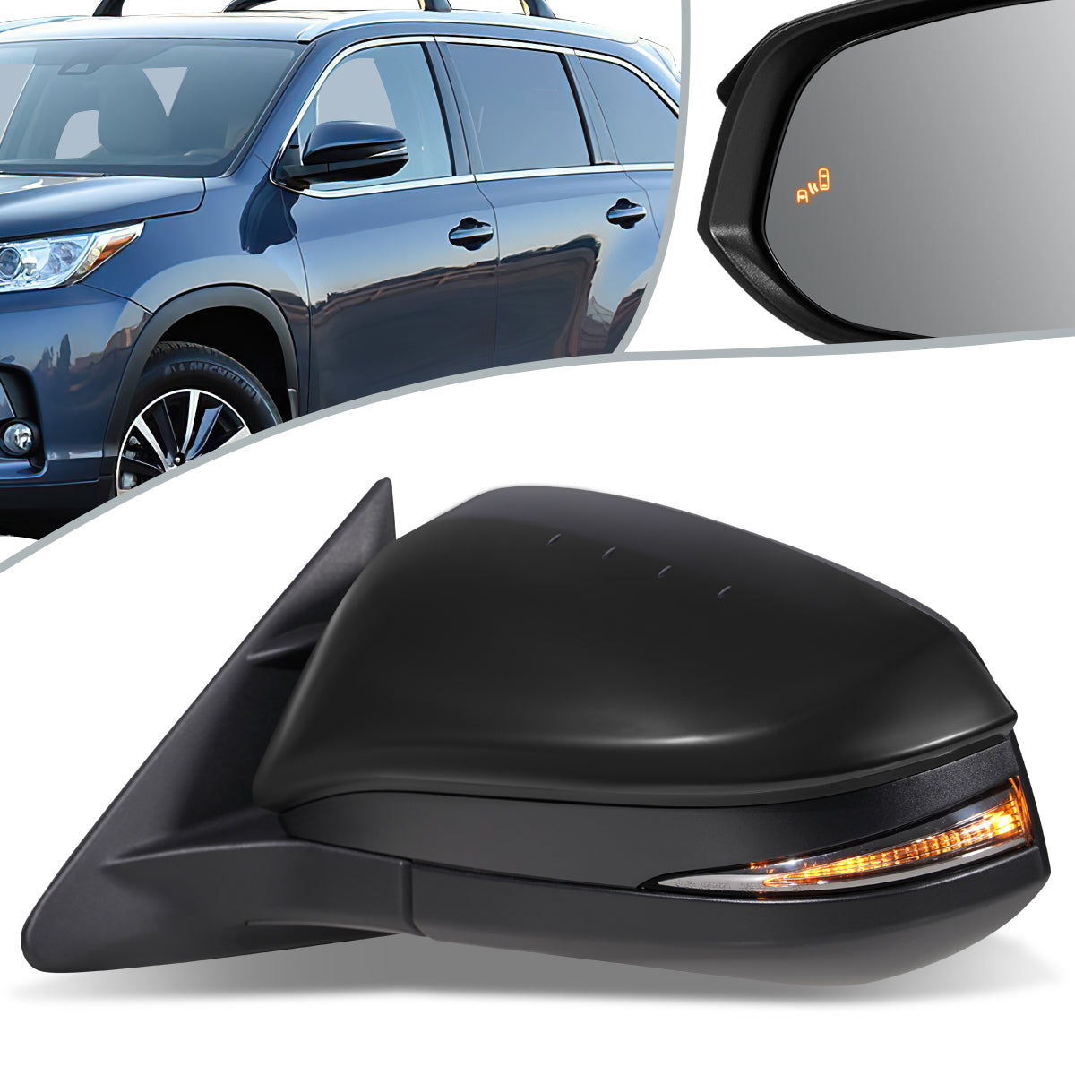 RETROVISOR MIRROR - OEM - 14-16 TOYOTA HIGHLANDER - POWERED - HEATED - W/ SIGNAL LIGHT - W/ MEMORY - W/ PUDDLE LIGHT - W/ BSD - FOLDING - BLACK MATERIAL - LEFT