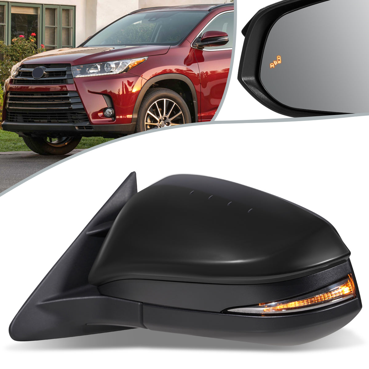 RETROVISOR MIRROR - OEM - 14-16 TOYOTA HIGHLANDER - POWERED - HEATED - W/ SIGNAL LIGHT - W/ BSD - FOLDING - BLACK MATERIAL - LEFT