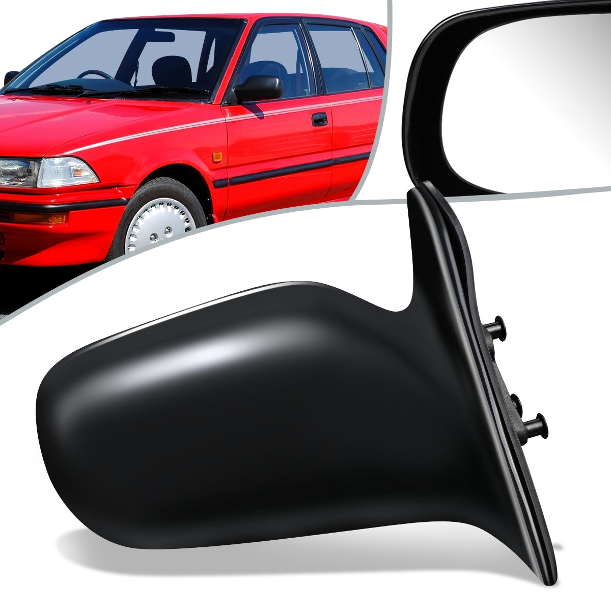 RETROVISOR MIRROR - OEM - 88-92 TOYOTA COROLLA - MANUAL - BLACK MATERIAL - RIGHT