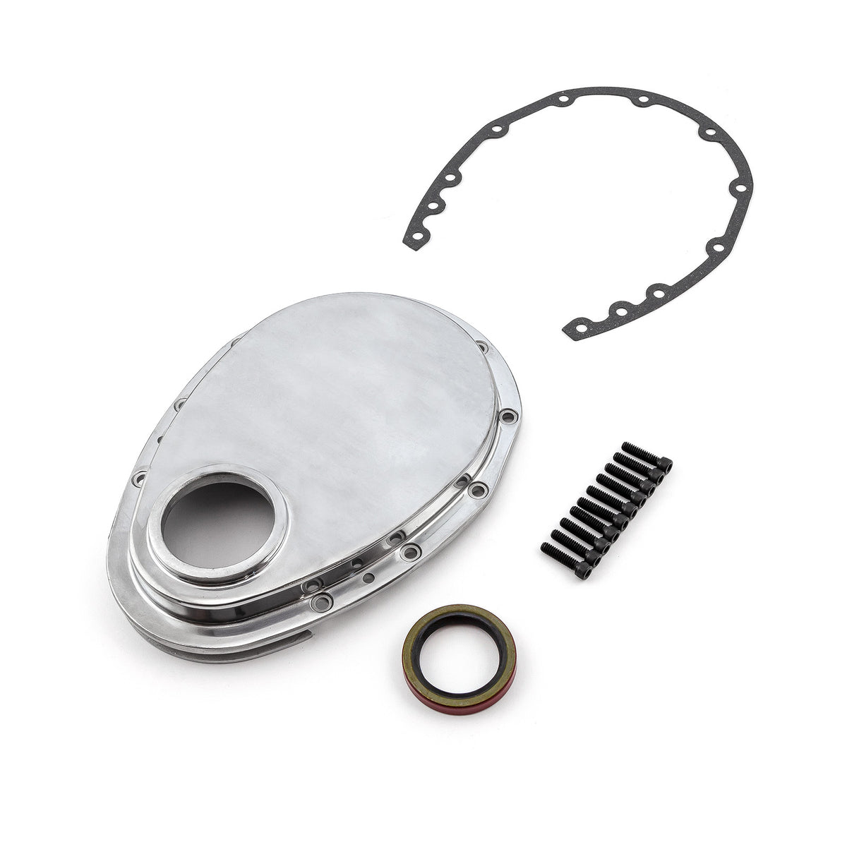 Chevy SBC 350 Aluminum Timing Chain Cover Polished w/Gasket, Seal & Bolts