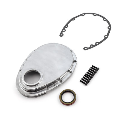 Chevy SBC 350 Aluminum Timing Chain Cover Polished w/Gasket, Seal & Bolts