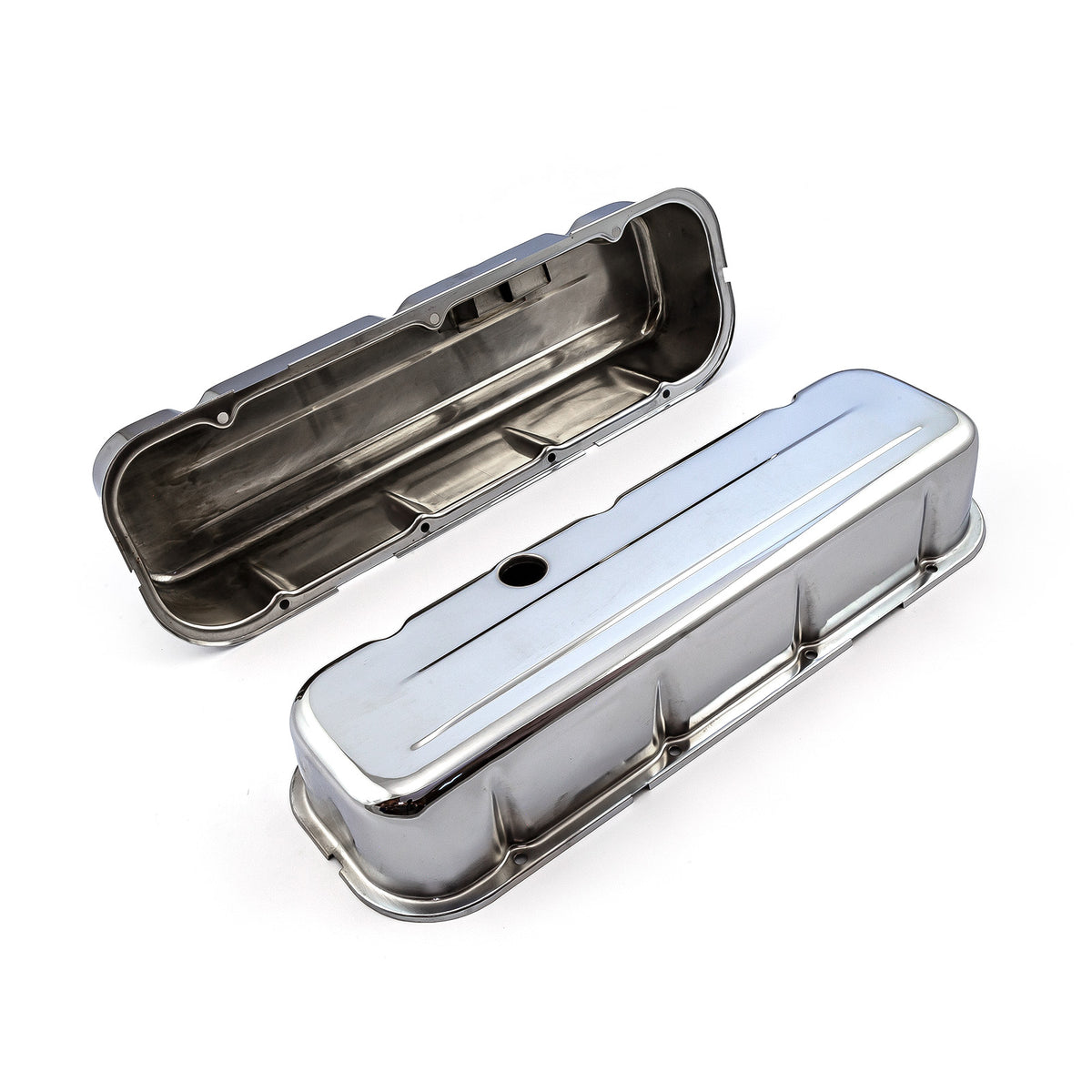 Chevy BBC 454 Chrome Steel Valve Covers - Tall w/ Baffled Hole