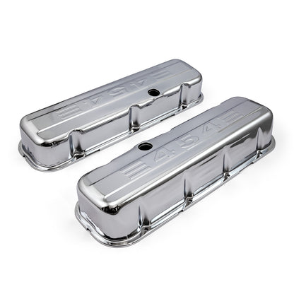 Chevy BBC 454 Chrome "454 Stamped" Steel Valve Covers - Tall w/ Baffled Hole