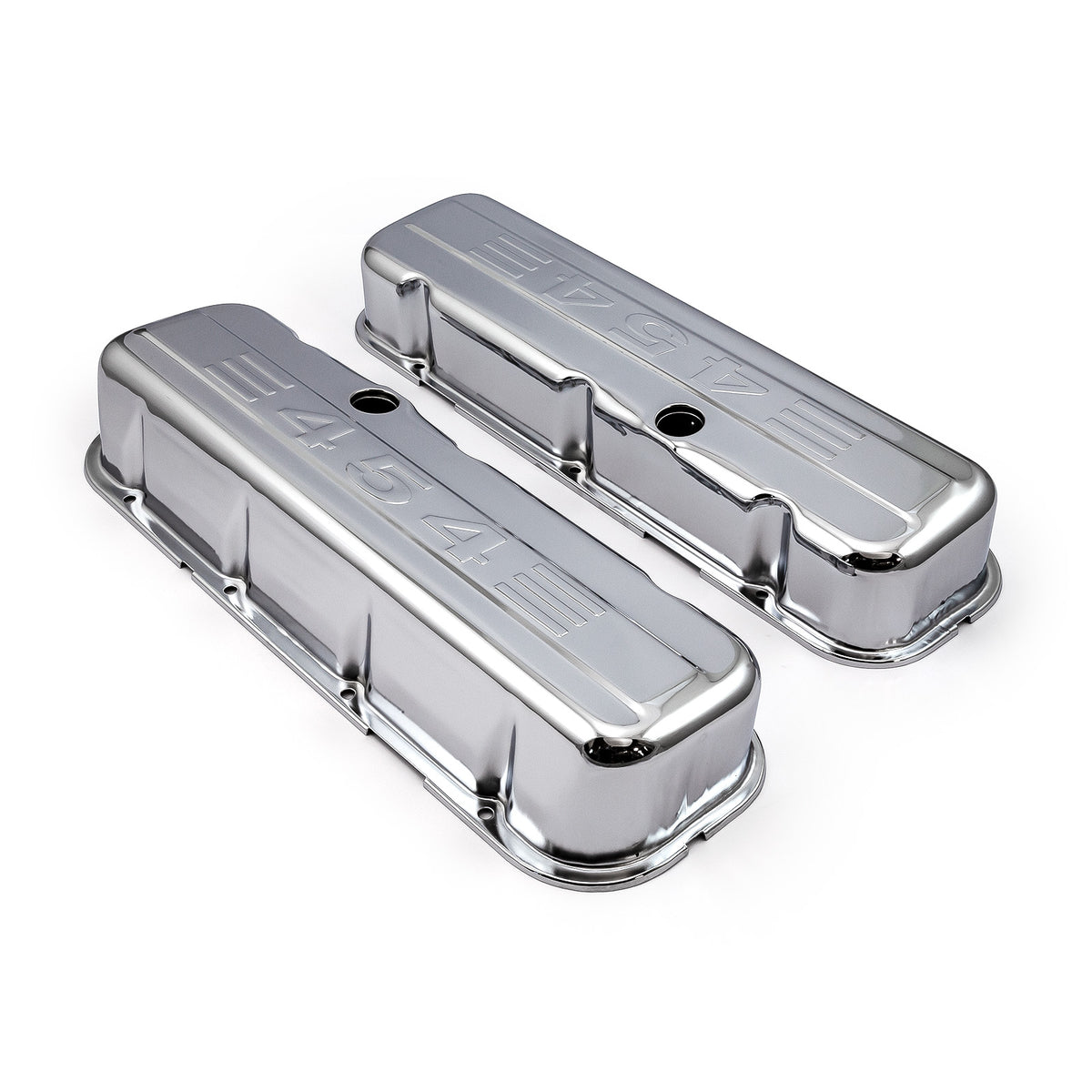 Chevy BBC 454 Chrome "454 Stamped" Steel Valve Covers - Tall w/ Baffled Hole