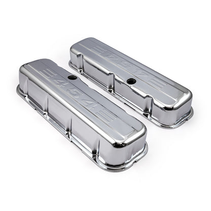 Chevy BBC 454 Chrome "454 Stamped" Steel Valve Covers - Tall w/ Baffled Hole