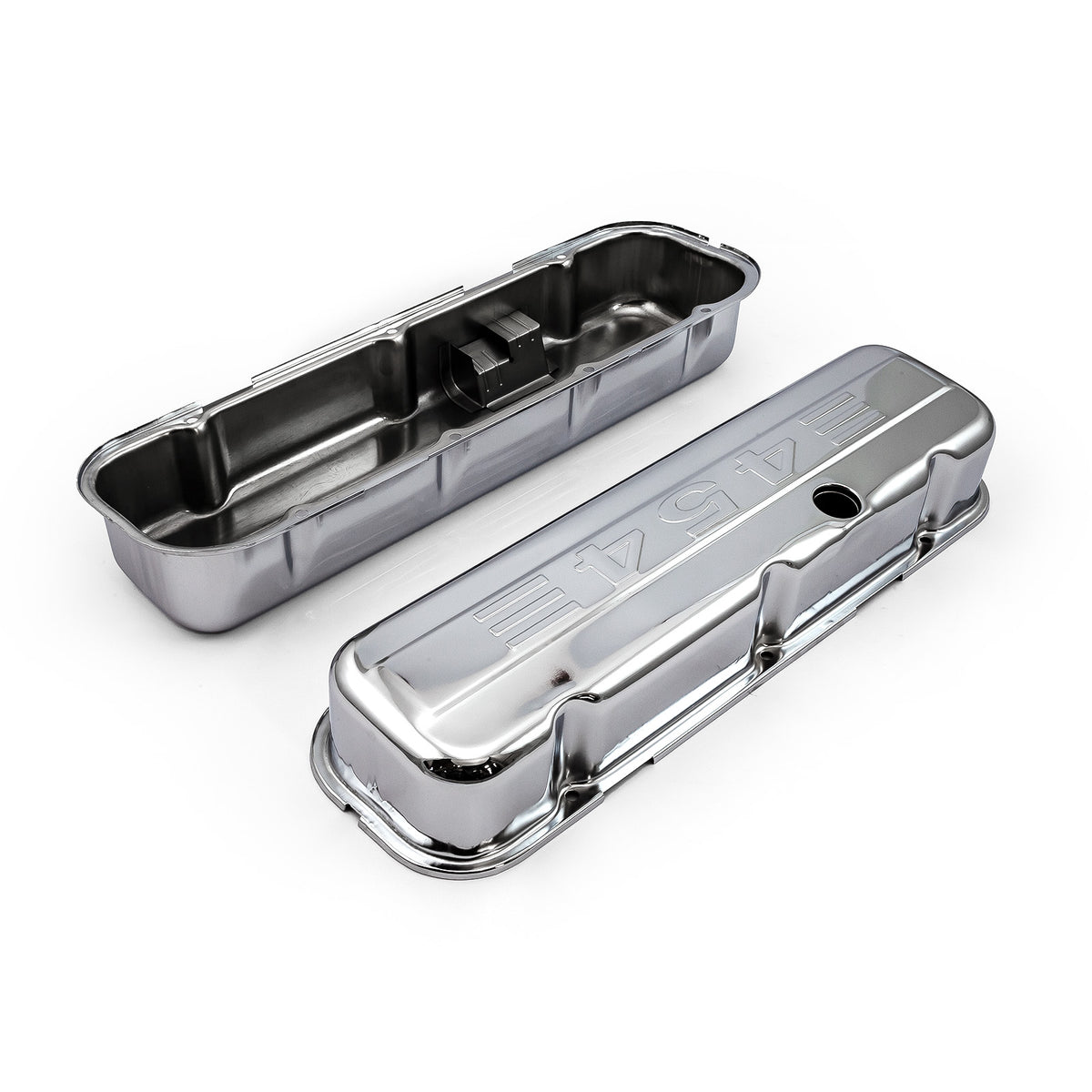 Chevy BBC 454 Chrome "454 Stamped" Steel Valve Covers - Tall w/ Baffled Hole