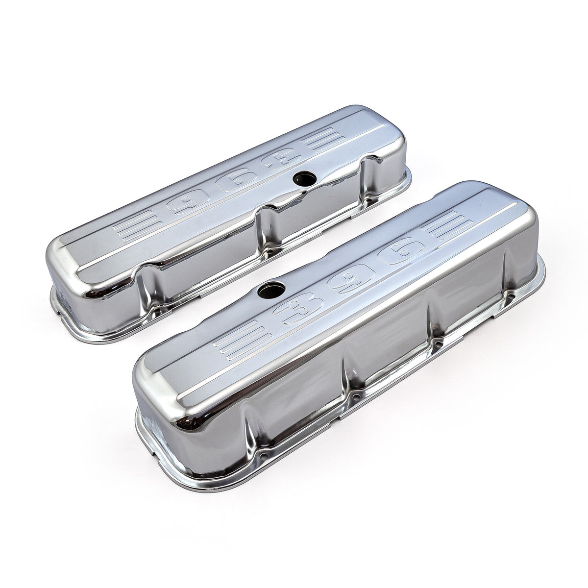 Chevy BBC 454 Chrome "396 Stamped" Steel Valve Covers - Tall w/ Baffled Hole